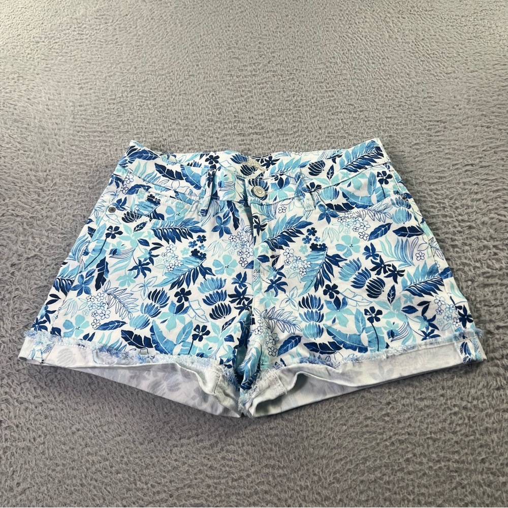 Tommy Bahama Denim Shorts Womens 27 White Blue Floral Tropical Beach Hawaiian
